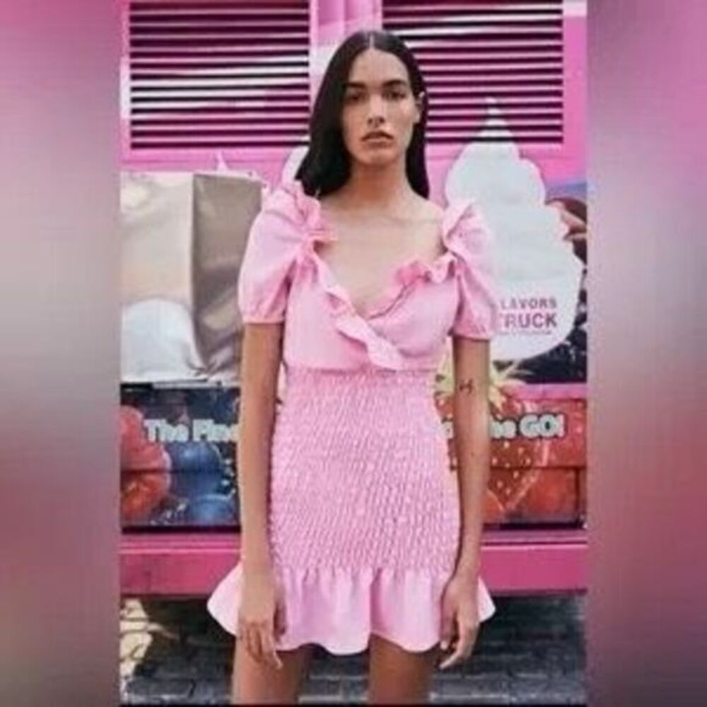 Zara Linen Ruched Mini Dress Pink XS Puff Sleeve Smocked Ruffle Fitted Lolita